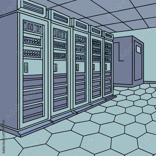 Server room with rows of computer racks and a hexagonal tiled floor in a clean modern style