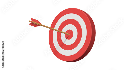 A 3D illustration of a red and white target with a wooden arrow hitting the center bullseye.  