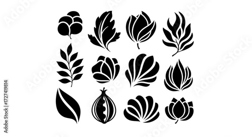 A collection of isolated black botanical glyphs. Modern minimalist vector icons of flowers and leaves for elegant branding and organic design projects.