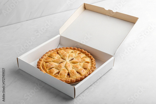 Blank White Cardboard Pie or Cake Box Mockup with Freshly Baked Apple Pie