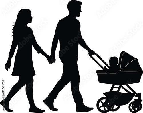 Silhouette of Young Family Walking with Baby StrollerSilhouette of Young Family Walking with Baby Stroller