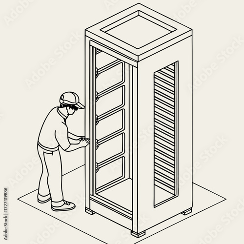 Technician installing equipment inside a tall server rack cabinet with shelves and ventilation
