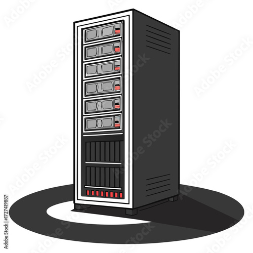 Tall server rack with multiple hard drive bays and blinking red lights on a white background