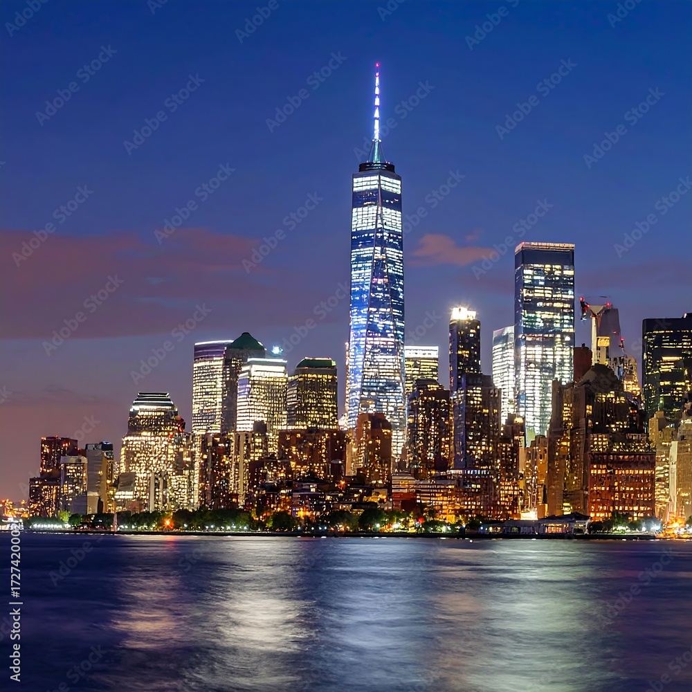 Obraz premium Night cityscape, skyscrapers illuminated, reflecting in calm water