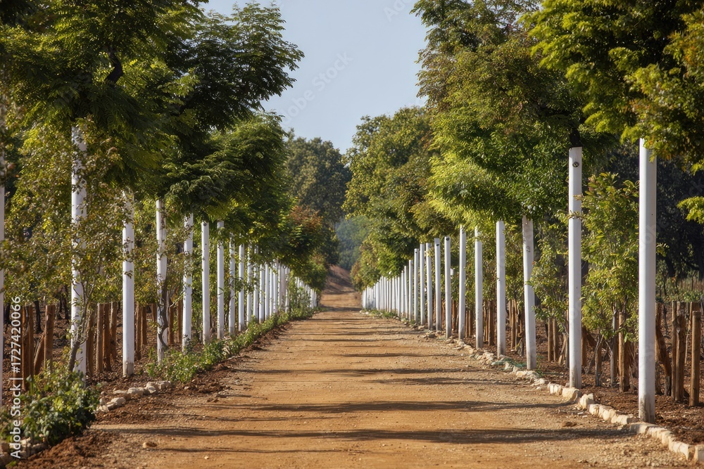 Fototapeta premium Dirt path lined with trees