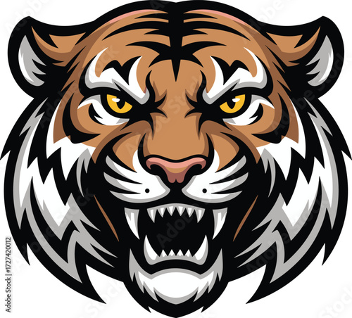 Ferocious roaring tiger head illustration, aggressive wild animal mascot design, powerful predator face, vector artwork for sports team, branding, logo
