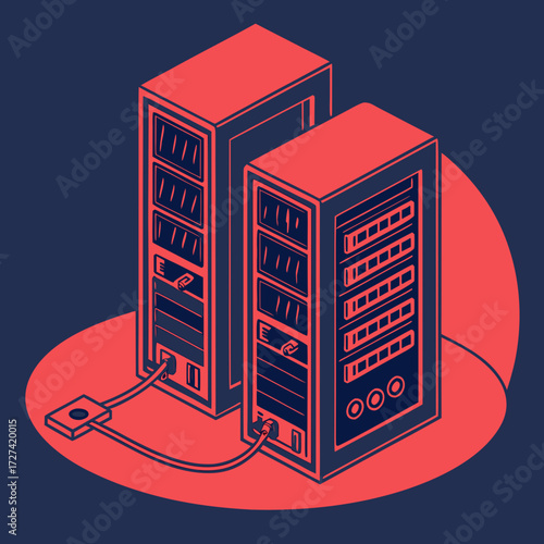 Two connected server racks in a minimalist isometric illustration with a dark blue background