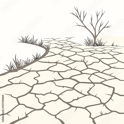 A desolate cracked earth landscape with a solitary bare tree and sparse grass under a pale sky