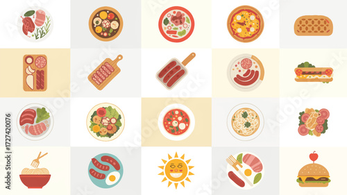 A collection of 24 illustrated food icons arranged in a 4x6 grid on a white background.  
