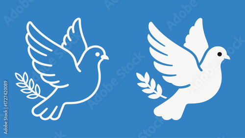 White Dove of Peace Flying with Olive Branch Outline and Solid Flat Vector Icon Illustration Graphic Design on Blue Background for International World Peace Day Concept Minimalist Style