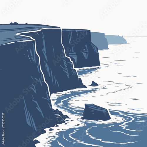 Dramatic blue cliffs rise from the ocean with waves crashing against the rocky shore