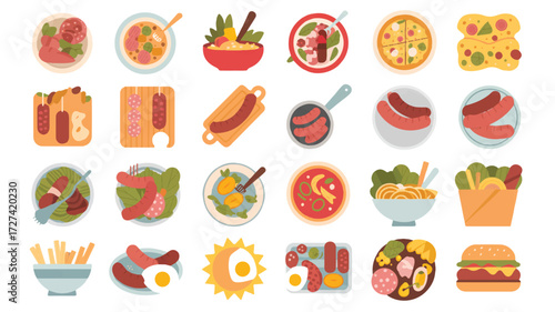 A collection of 24 illustrated food icons arranged in a 4x6 grid on a white background.  
