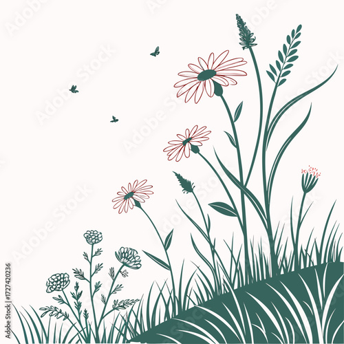 Delicate line drawing of wildflowers and grasses with small butterflies fluttering in a light background