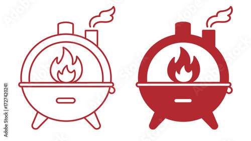 Red Cartoon Wood Burning Stove Outline and Solid Flat Vector Icon Illustration Graphic Design for Home Heating Winter Warmth and Cozy Minimalist Style Interior Element