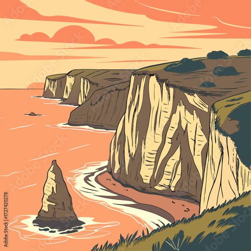 Dramatic coastal cliffs and sea stacks bathed in the warm glow of a sunset sky
