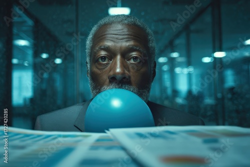 Businessman with Pensive Gaze Holding Blue Balloon Amidst Office Papers and Reflections in Dimly Lit Corporate SettingBusinessman