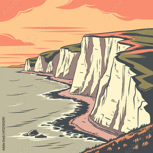 Dramatic cliffs meet the sea under a warm orange sunset sky in a stylized illustration