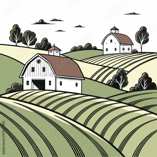 Idyllic rural landscape with two white barns nestled among rolling green fields and trees