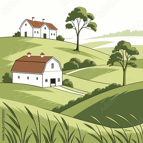 Idyllic rural landscape with white barns and rolling green hills under a bright sky