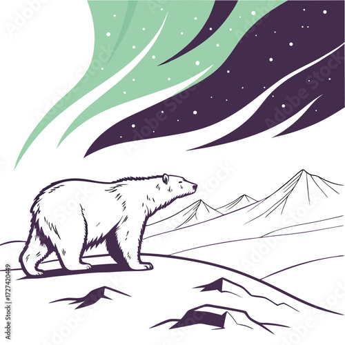 Majestic polar bear gazes at the vibrant aurora borealis under a starry arctic night sky