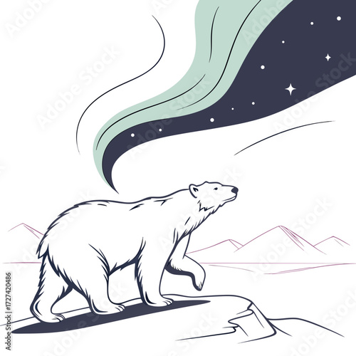 Majestic polar bear walks across icy terrain under a starry night sky with aurora borealis