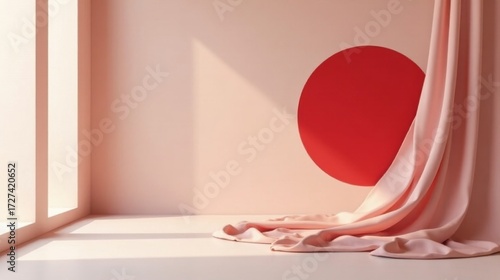 Soft blush pink fabric drapes elegantly across a minimalist room, sunlight streams through a window illuminating a large crimson circle on the wall.