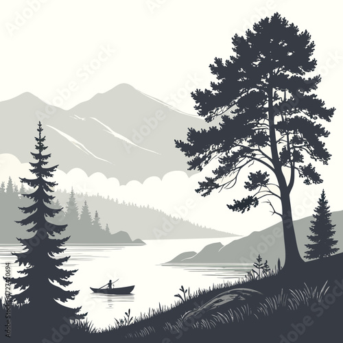 Serene mountain lake landscape with silhouette of a lone person rowing a boat amidst pine trees