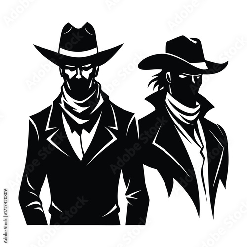 A bold cowboy bandit silhouette stands tall, hat tilted, lasso in hand, ready for adventure under a sunset sky, embodying the wild, untamed spirit of the West.
