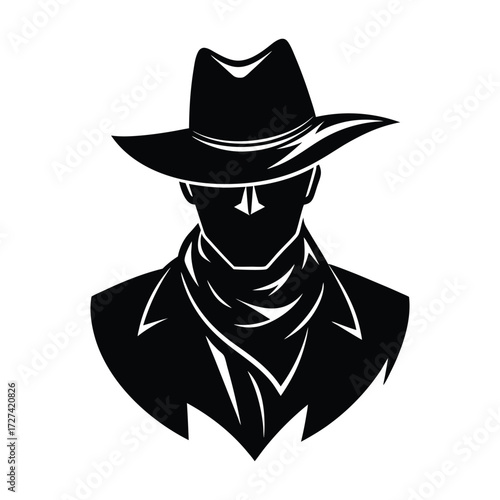 A bold cowboy silhouette wearing a wide-brimmed hat and flowing handkerchief, standing tall with rugged charm, capturing the spirit of the wild, untamed frontier.
