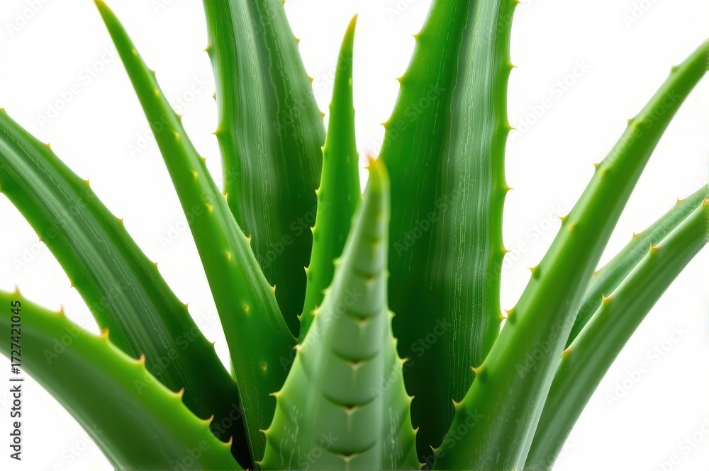 Obraz premium Fresh aloe vera plant leaves isolated on white background, showing succulent texture and vibrant green color, fresh, herbal