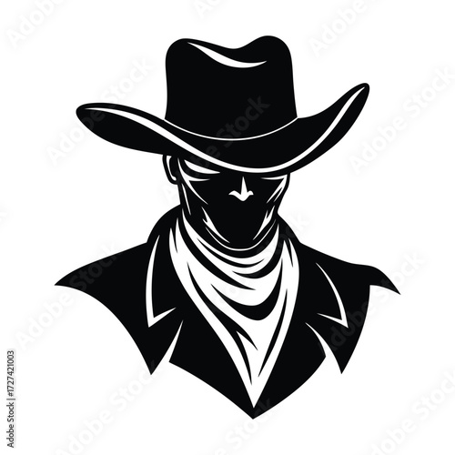 A bold cowboy silhouette wearing a wide-brimmed hat and flowing handkerchief, standing tall with rugged charm, capturing the spirit of the wild, untamed frontier.
