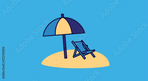 Vector art of a simple cartoon illustration of a beach umbrella and a lounge chair on a small sandy island in the middle of a bright blue ocean, representing a vacation or relaxation
