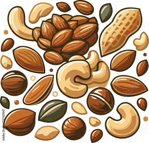 Artistic Cartoon Mixed Nuts Vector – Assorted Almonds, Cashews, Peanuts, Hand Drawn Snack Pattern