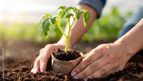  photograph of a tomato seedling being carefully planted in a biodegradable pot.
The young plant with fresh green leaves is the sharp focal point, highlighted with natural daylight and cinematic bokeh
