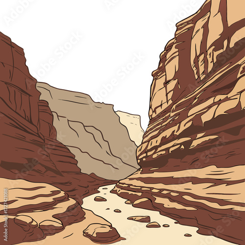 Stylized illustration of a dry desert canyon with layered rock formations and a winding riverbed