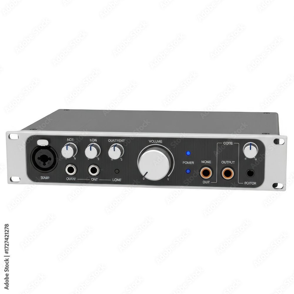 Obraz premium Silver rackmount audio interface with multiple knobs and ports isolated on transparent background
