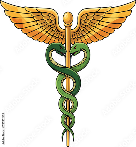 Vector, illustration, medical symbol Caduceus, gold color