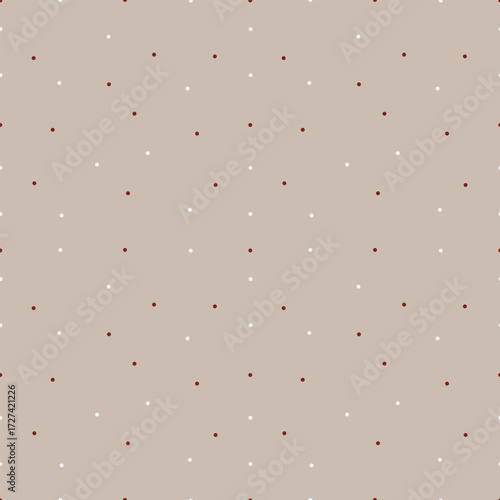 A cute seamless vector pattern with white and red dots. Small round spots on a beige background. A simple and sweet design in pastel beige tones. Vector childrens print with circles.