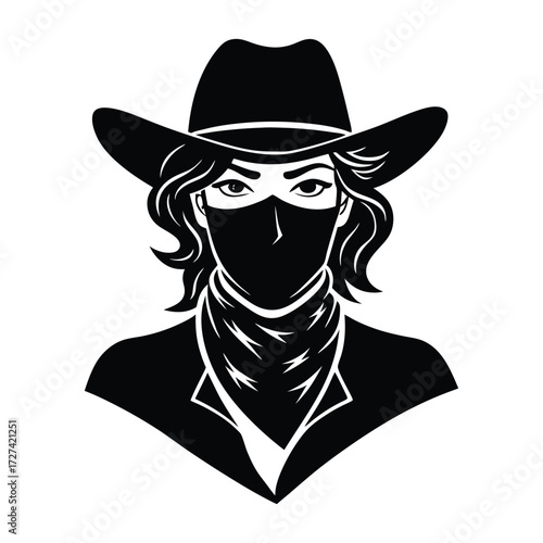 A bold cowgirl outlaw in silhouette, wearing a bandana and hat, exuding fearless charm and wild western spirit in a striking, mysterious portrait.

