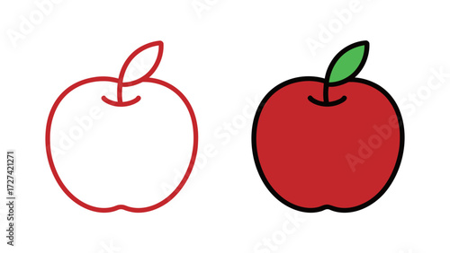 Red apple fruit outline and color illustration set. Simple vector drawing of a popular and classic healthy fruit perfect for educational and food design.