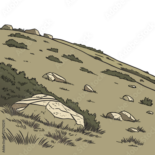 Stylized illustration of a rocky hillside with scattered bushes and grass under a white sky