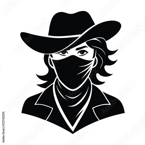 A bold cowgirl outlaw in silhouette, wearing a bandana and hat, exuding fearless charm and wild western spirit in a striking, mysterious portrait.
