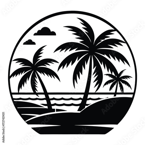 Palm tree vector collection tropical beach silhouette line art summer holiday seamless pattern retro design exotic coconut jungle leaves illustration.Palm tree silhouette vector set.