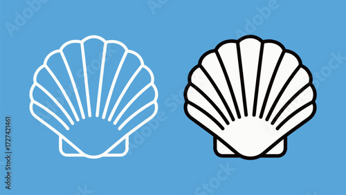 Scallop seashell outline and color illustration set on blue background. Simple vector drawing of a beach object for summer travel and nautical design.