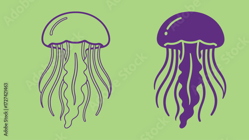 Jellyfish marine life outline and color illustration set on green background. Simple vector drawing of an ocean animal for aquatic and sea life design.