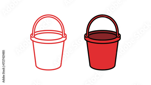 Simple red bucket outline and color illustration set. Vector drawing of a basic container used for cleaning, gardening, or a day at the beach.