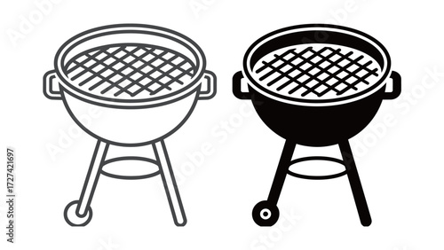 Barbecue grill outline and solid silhouette icon set. Simple vector drawing of a charcoal cooker for summer outdoor cooking and BBQ parties.