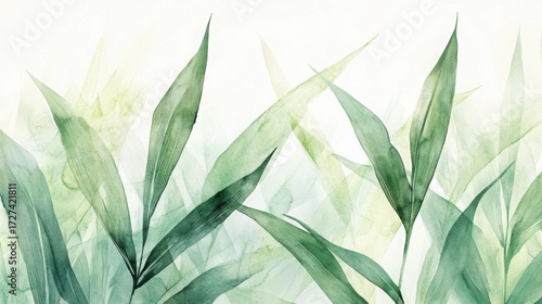 Artistic watercolor painting of lush green grass and tall leaves with soft natural light creating a fresh and vibrant botanical scene perfect for nature themes