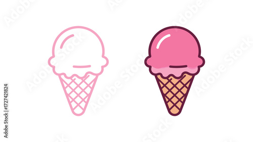 Ice cream scoop in waffle cone outline and color illustration set. Simple vector drawing of a sweet frozen dessert for summer, food, and treat concepts.