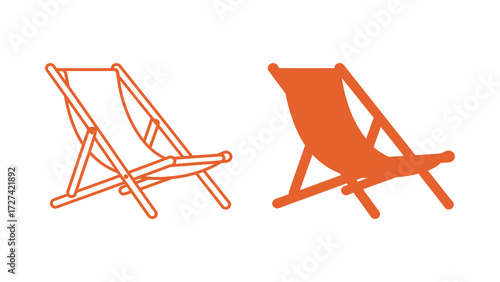 Orange folding beach deck chair outline and solid silhouette icon set. Simple vector drawing of outdoor furniture for summer relaxation and travel.